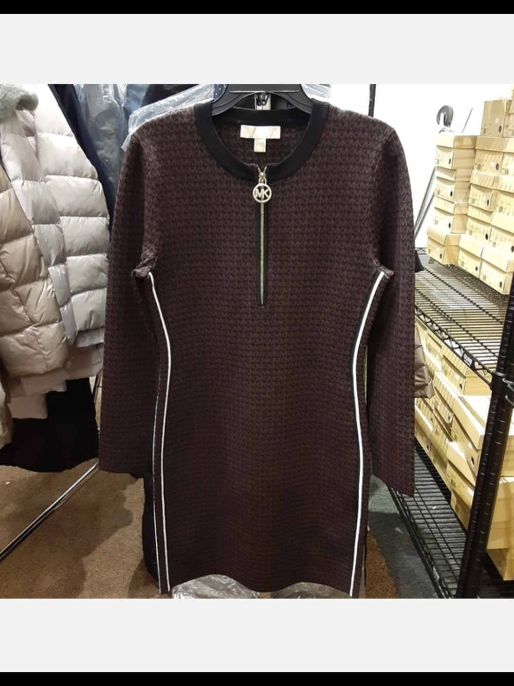 Michael Kors Brown Knit Shift Dress with White Piping